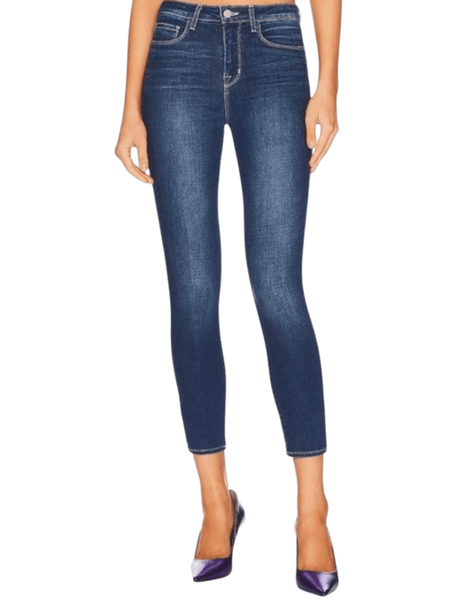 Model wearing L’Agence Margot High-Rise Skinny Jean Colton – designer skinny jeans with high rise waist and cropped hem
