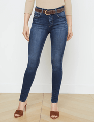 Model wearing L’Agence Marguerite High-Rise Skinny Jeans Columbia – dark wash, premium stretch skinny jeans