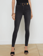 Model wearing L’Agence Marguerite High-Rise Skinny Jeans Dark Graphite – premium stretch denim, skinny fit