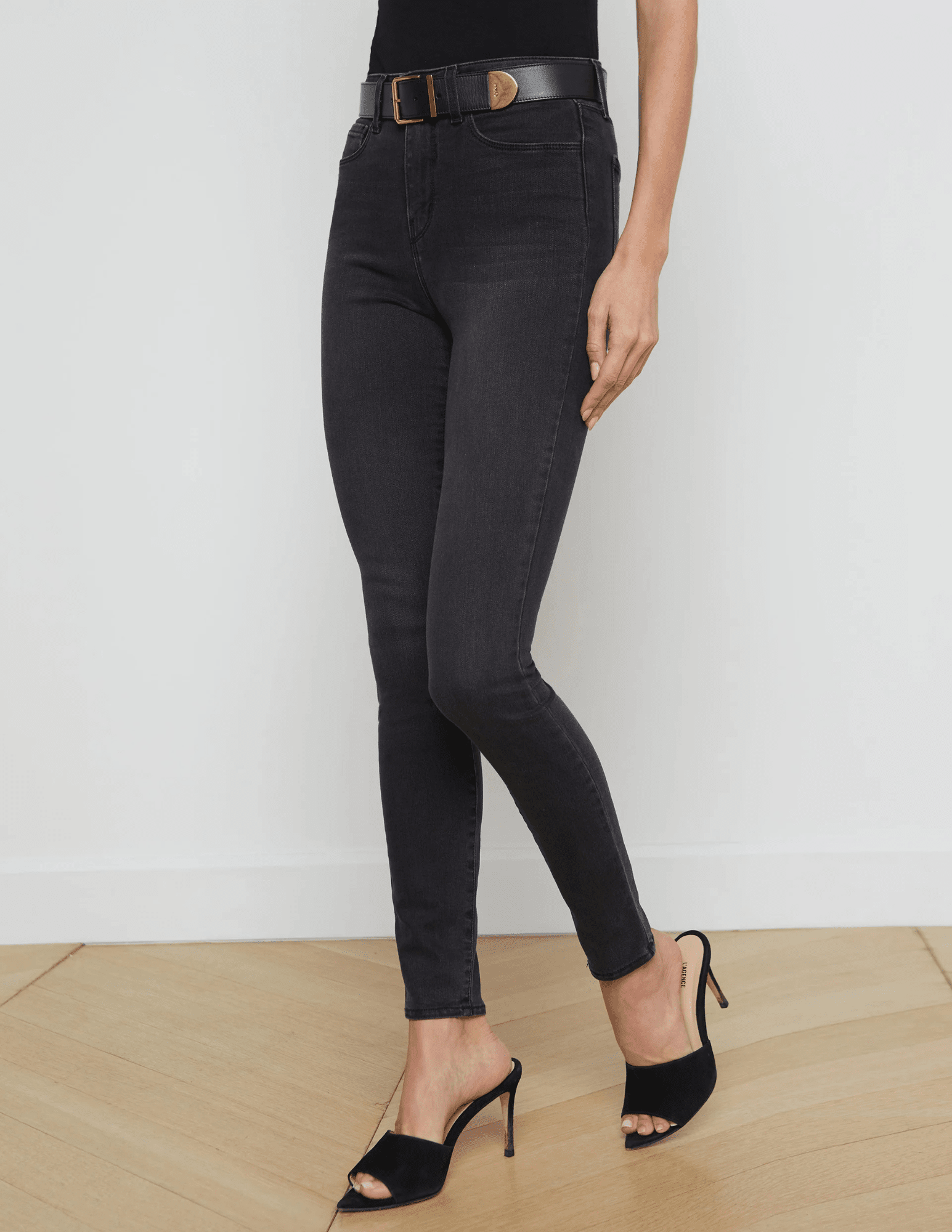 Side view of L’Agence Marguerite High-Rise Skinny Jeans Dark Graphite – high rise, ankle-length designer skinny jeans