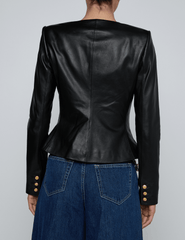 Back view of structured collarless leather blazer by L’AGENCE