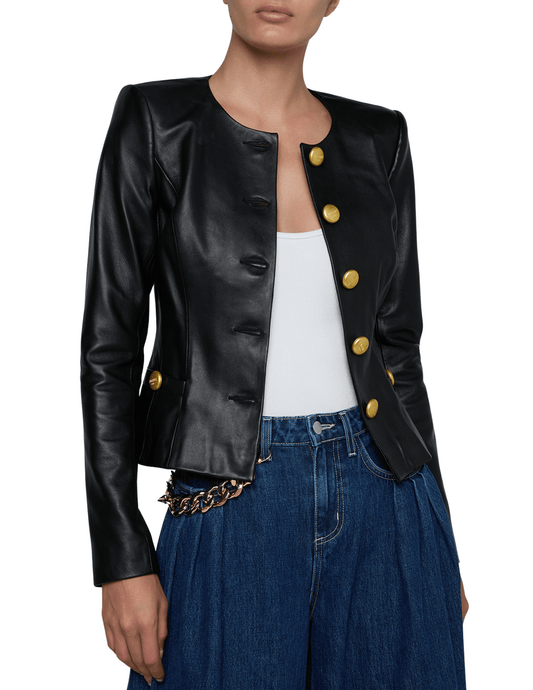 Front view of structured collarless leather blazer by L’AGENCE
