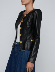Side view of structured collarless leather blazer by L’AGENCE