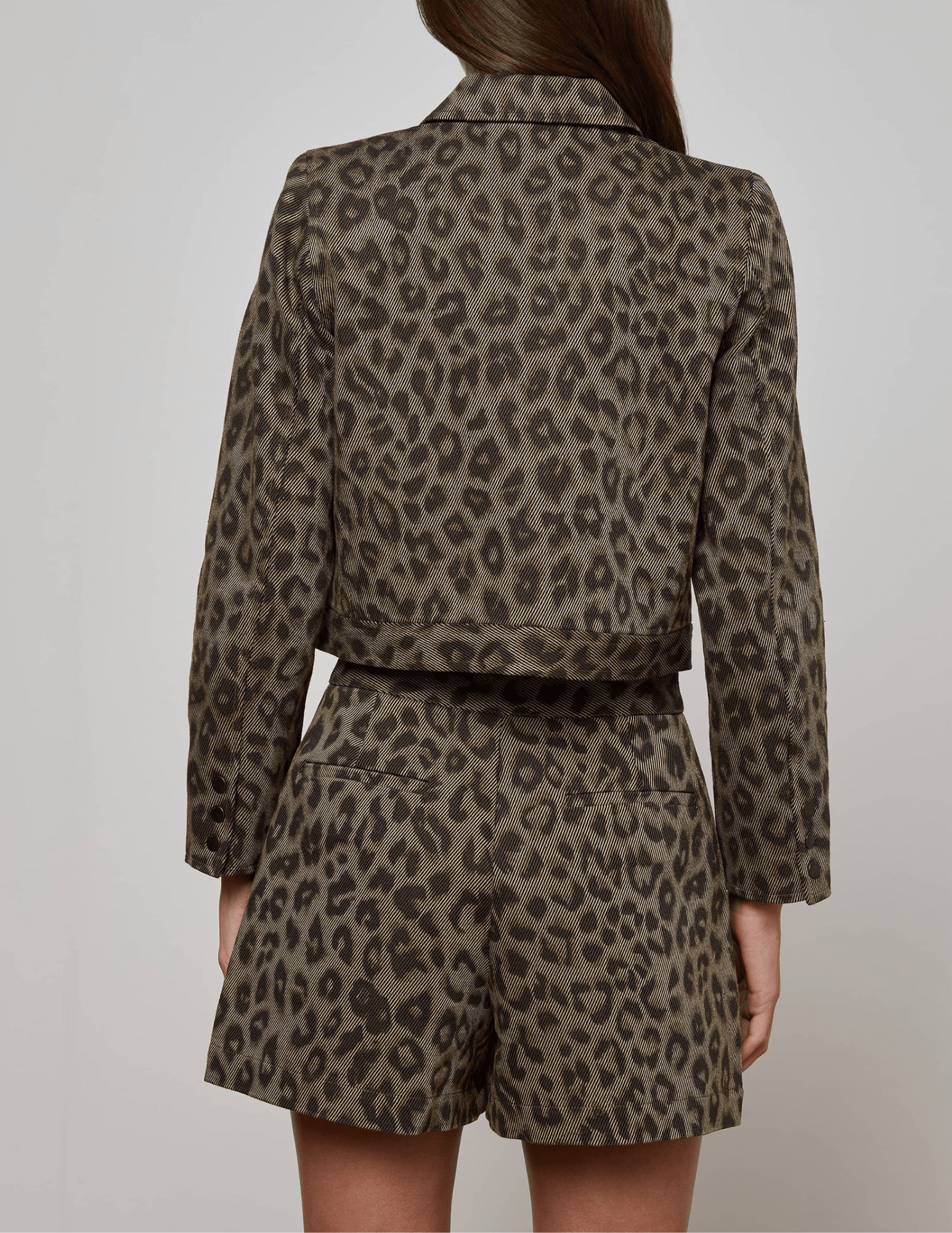 L’AGENCE Marla Cropped Cotton Jacket in Tan Multi Leopard – back view