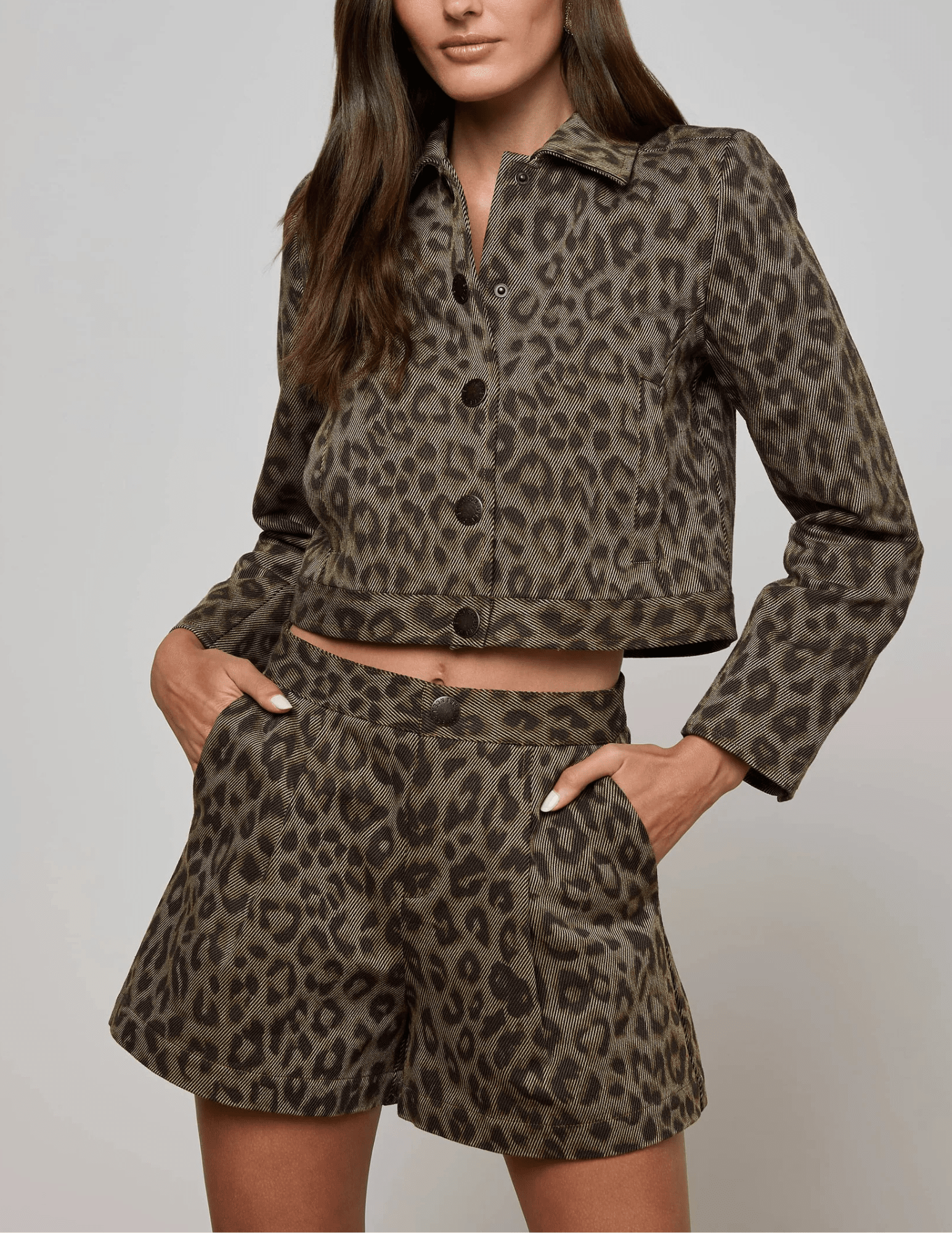 L’AGENCE Marla Cropped Cotton Jacket in Tan Multi Leopard – front view