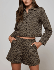 L’AGENCE Marla Cropped Cotton Jacket in Tan Multi Leopard – front view