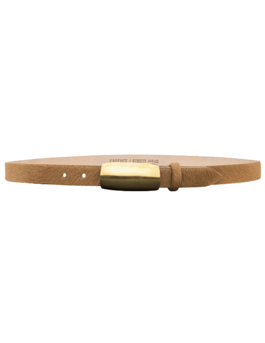 L’AGENCE Marlowe leather belt in tan calf hair with gold buckle