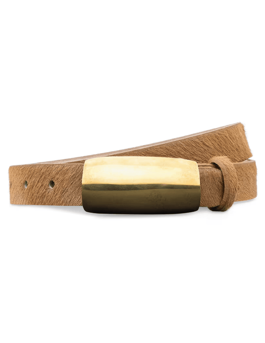 L’AGENCE Marlowe leather belt in tan calf hair with gold buckle