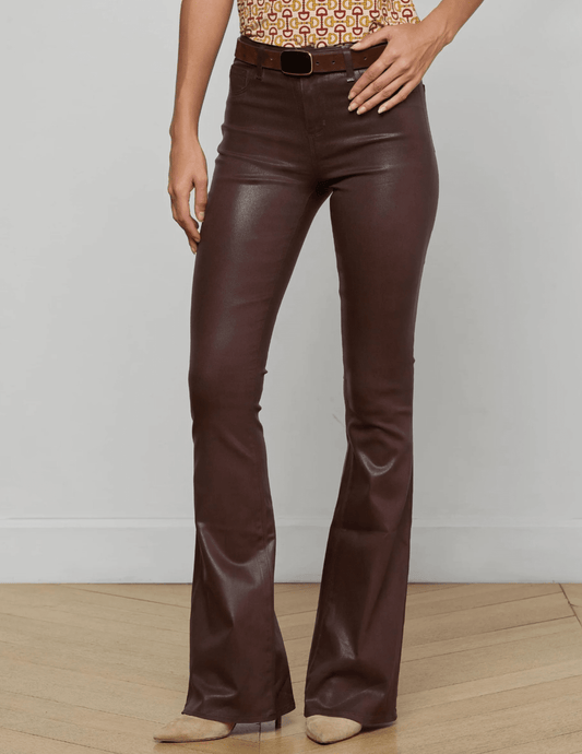 Front View of L’AGENCE Marty Ultra High Rise Coated Chocolate Flare Jeans on Model