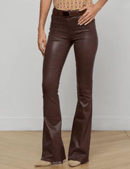 Front View of L’AGENCE Marty Ultra High Rise Coated Chocolate Flare Jeans on Model