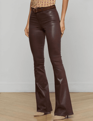 Side View of L’AGENCE Marty Ultra High Rise Coated Chocolate Flare Jeans on Model