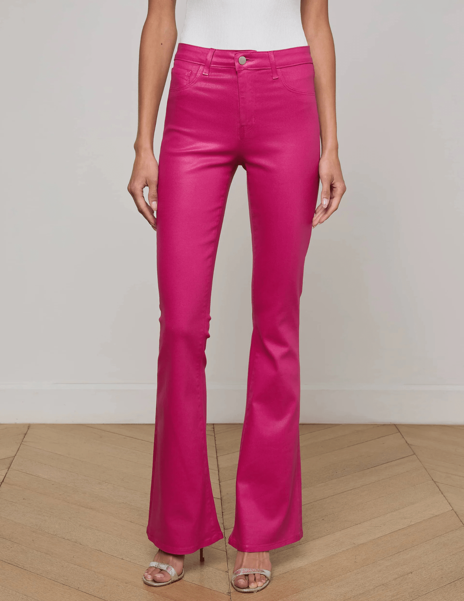 Front view of L’AGENCE Marty Ultra High Rise Flared Coated Jean in hot pink
