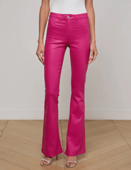 Front view of L’AGENCE Marty Ultra High Rise Flared Coated Jean in hot pink