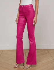 Side view of L’AGENCE Marty Pink Coated Denim Jean with flared leg