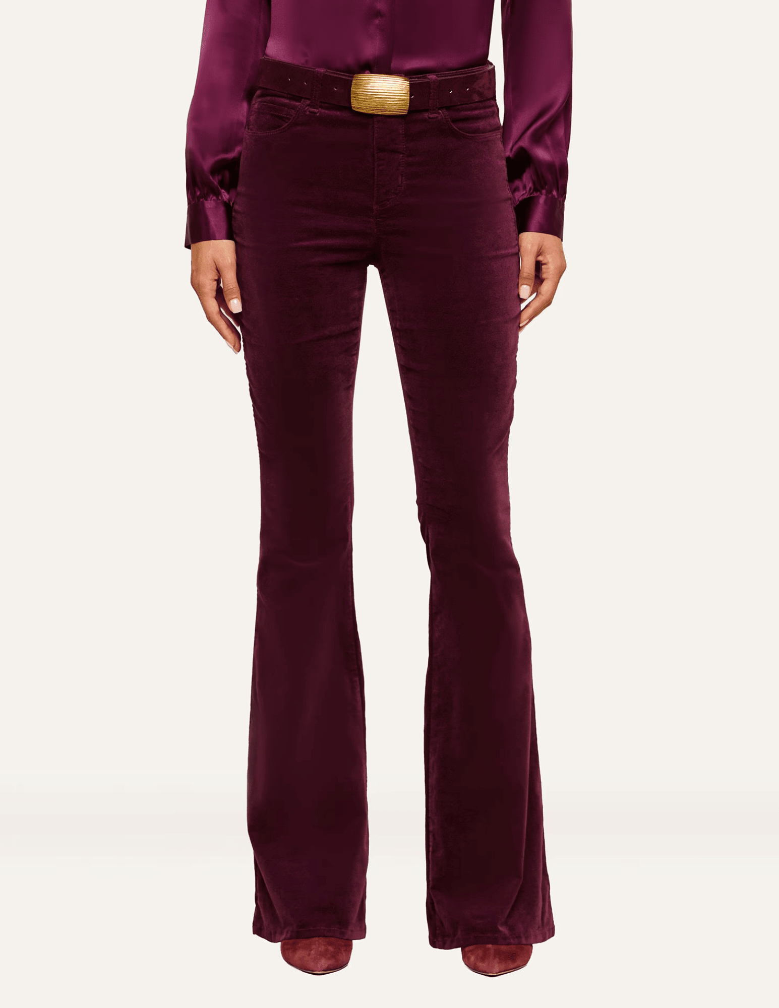 Full view of L'AGENCE Marty Velvet Ultra High Rise Jeans in Deep Sangria featuring classic back pockets and flared legs.