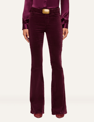 Full view of L'AGENCE Marty Velvet Ultra High Rise Jeans in Deep Sangria featuring classic back pockets and flared legs.