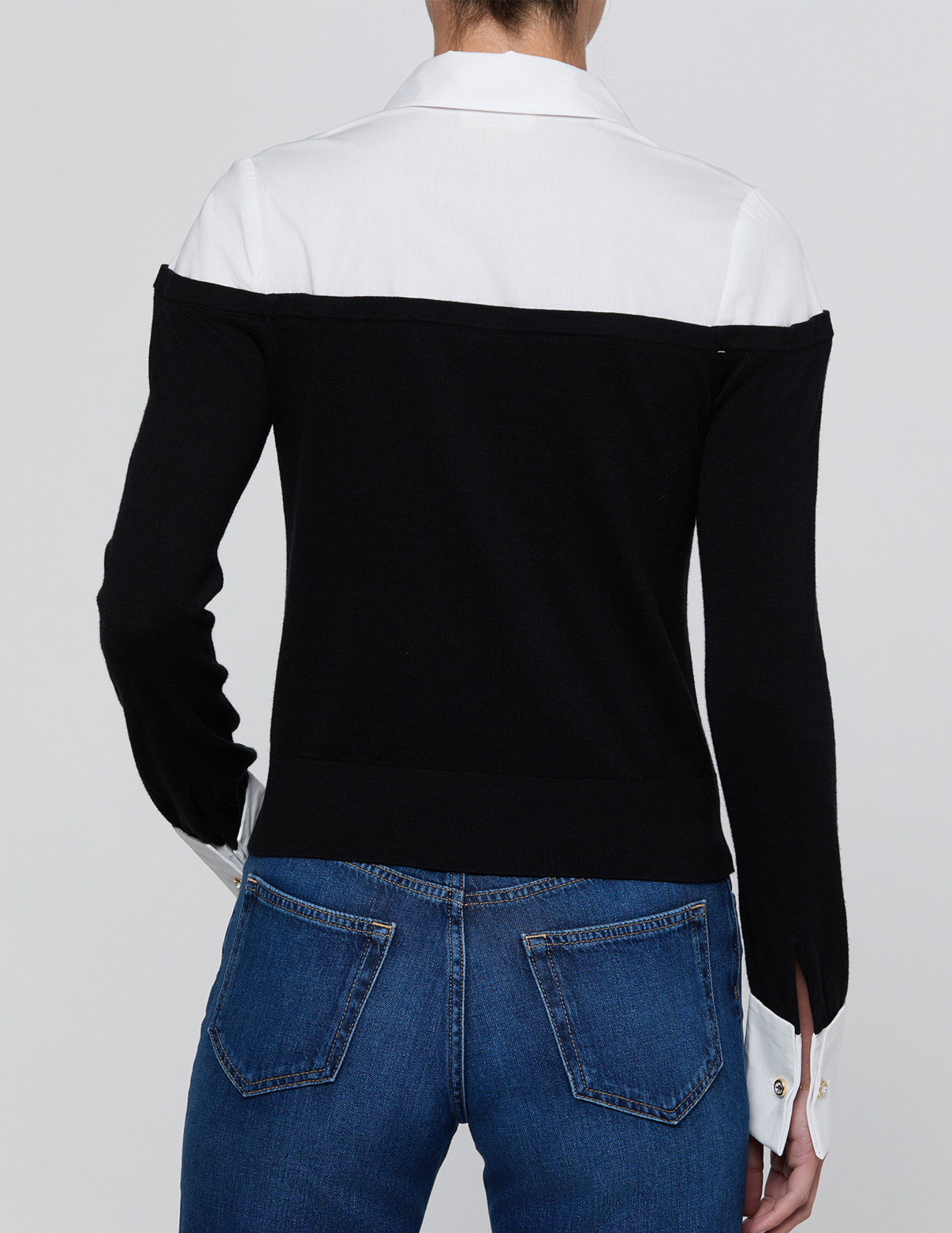 Back view of L’AGENCE Mathilde Poplin Combo Sweater in Black & White