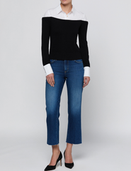 L’AGENCE Mathilde Poplin Combo Sweater in Black & White with jeans