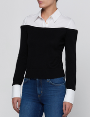 Side view of L’AGENCE Mathilde Poplin Combo Sweater in Black & White