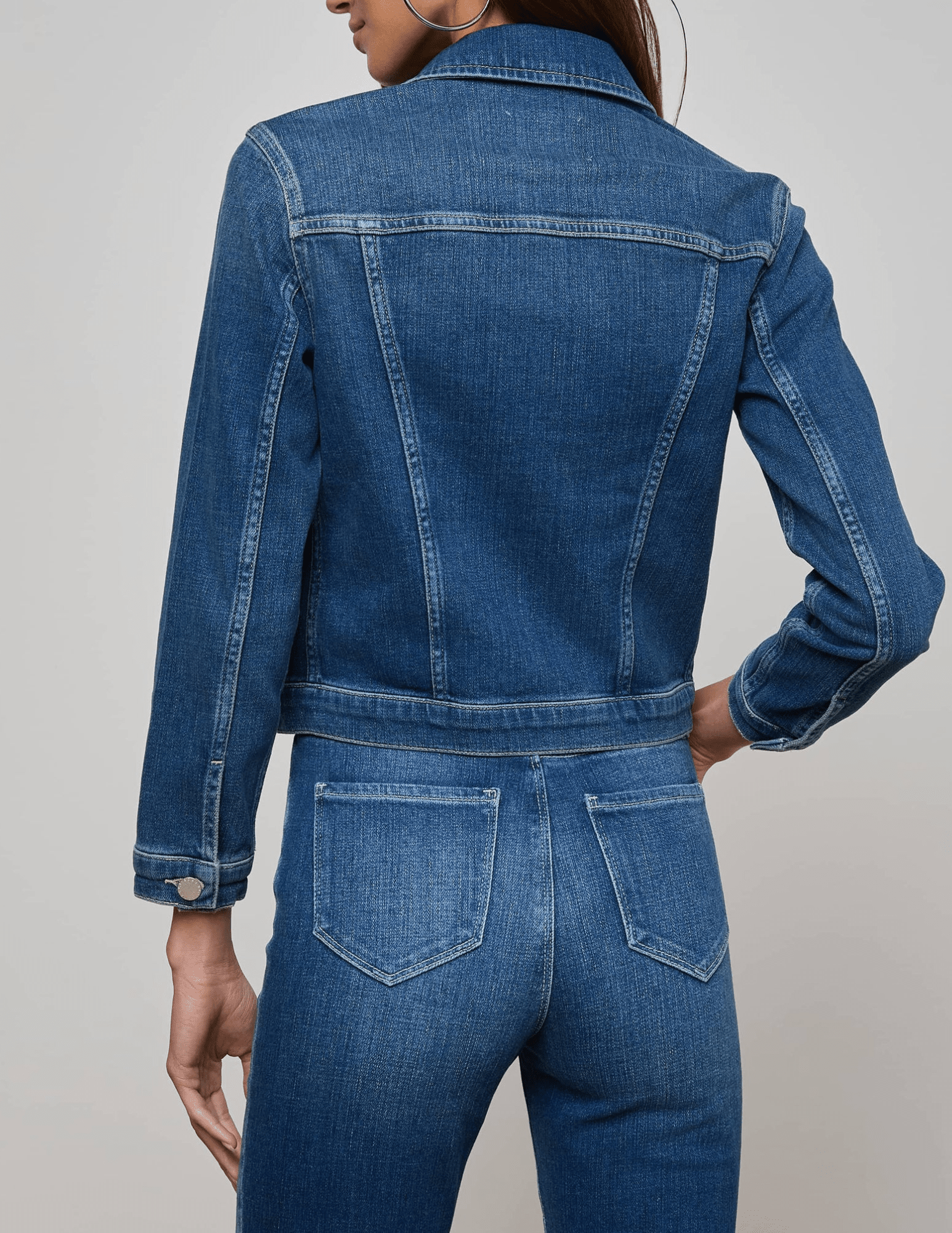 L’AGENCE Maven slim fit denim jacket in Gage blue wash back view
