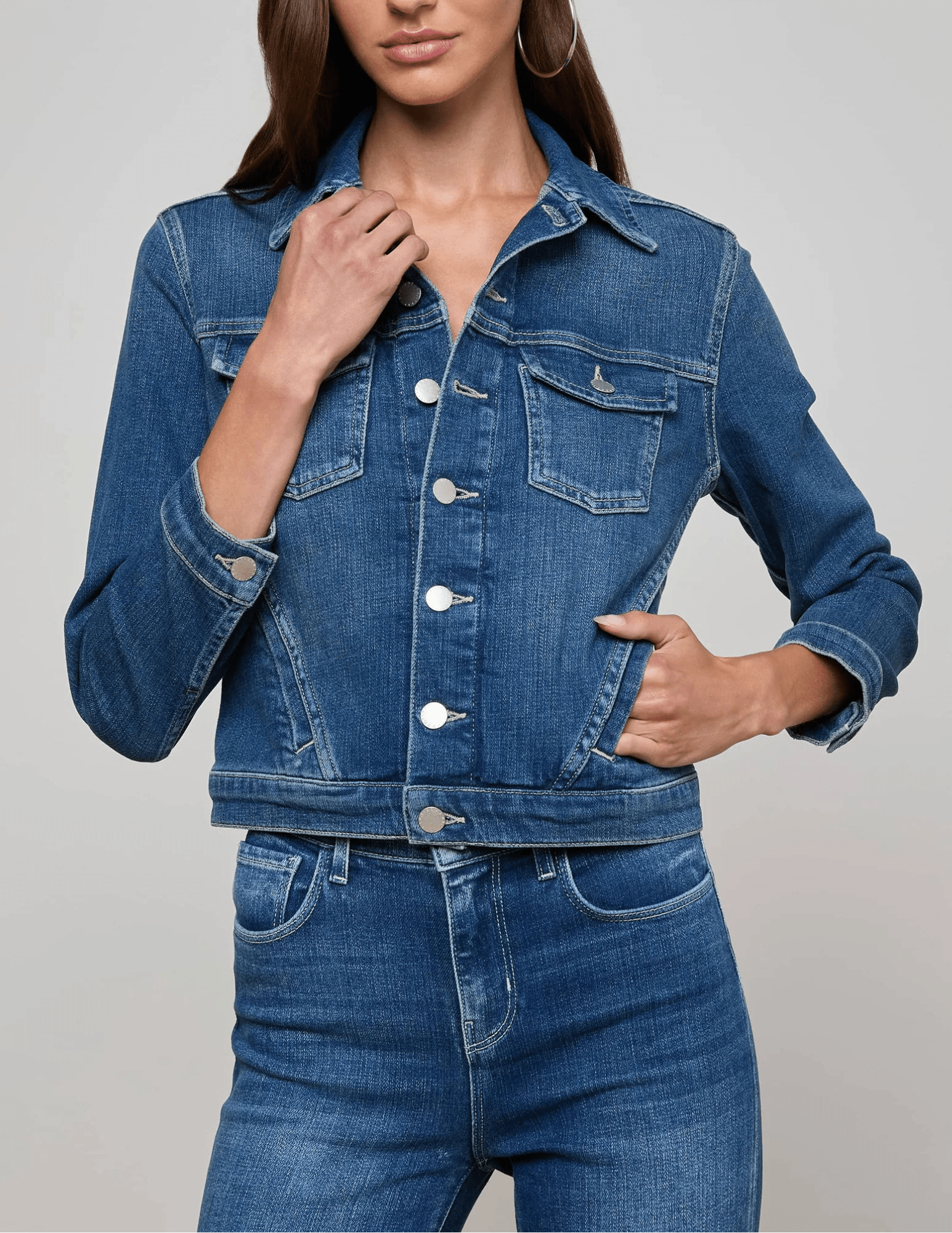 L’AGENCE Maven slim fit denim jacket in Gage blue wash front view