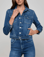 L’AGENCE Maven slim fit denim jacket in Gage blue wash front view