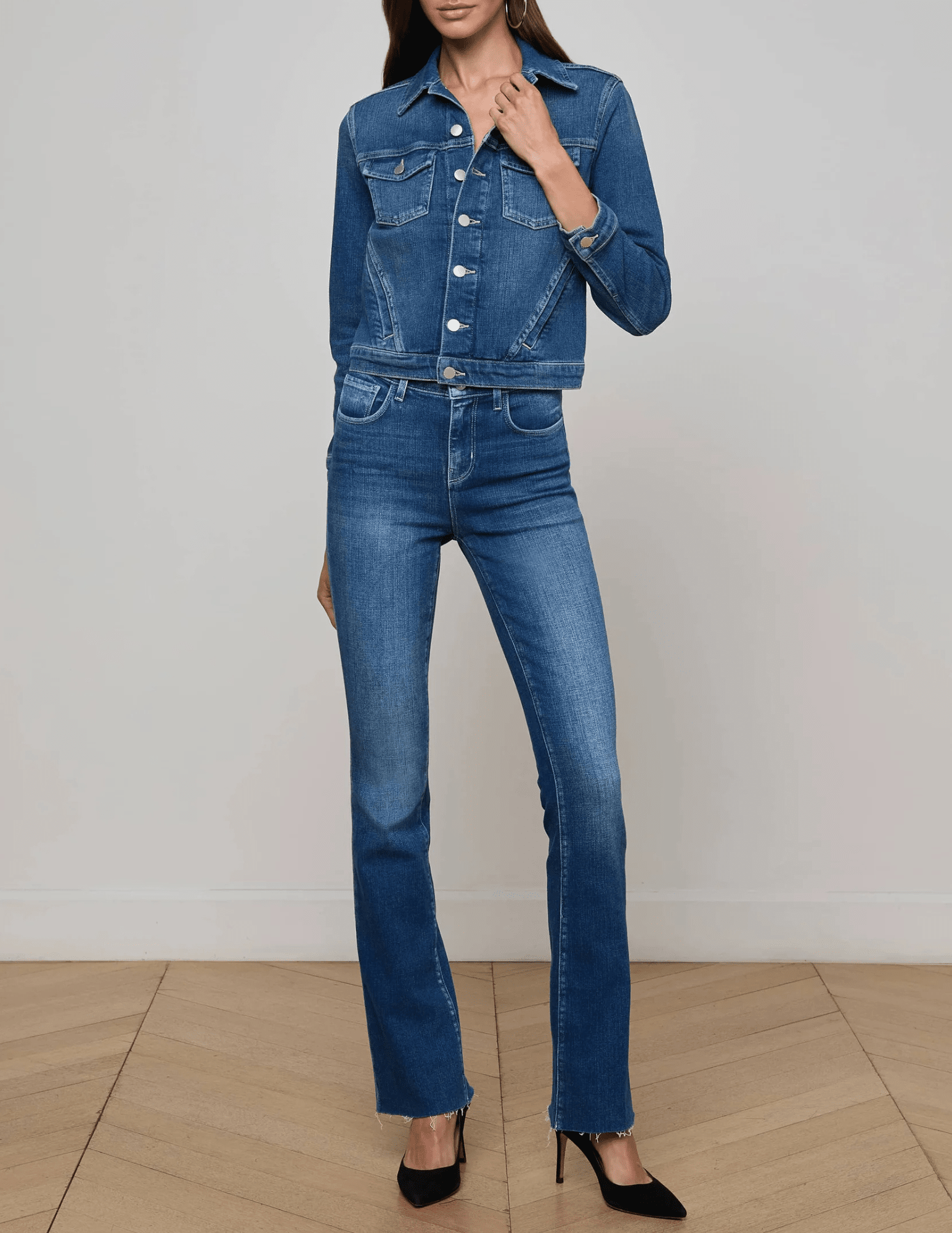 L’AGENCE Maven slim fit denim jacket in Gage blue wash full body view

