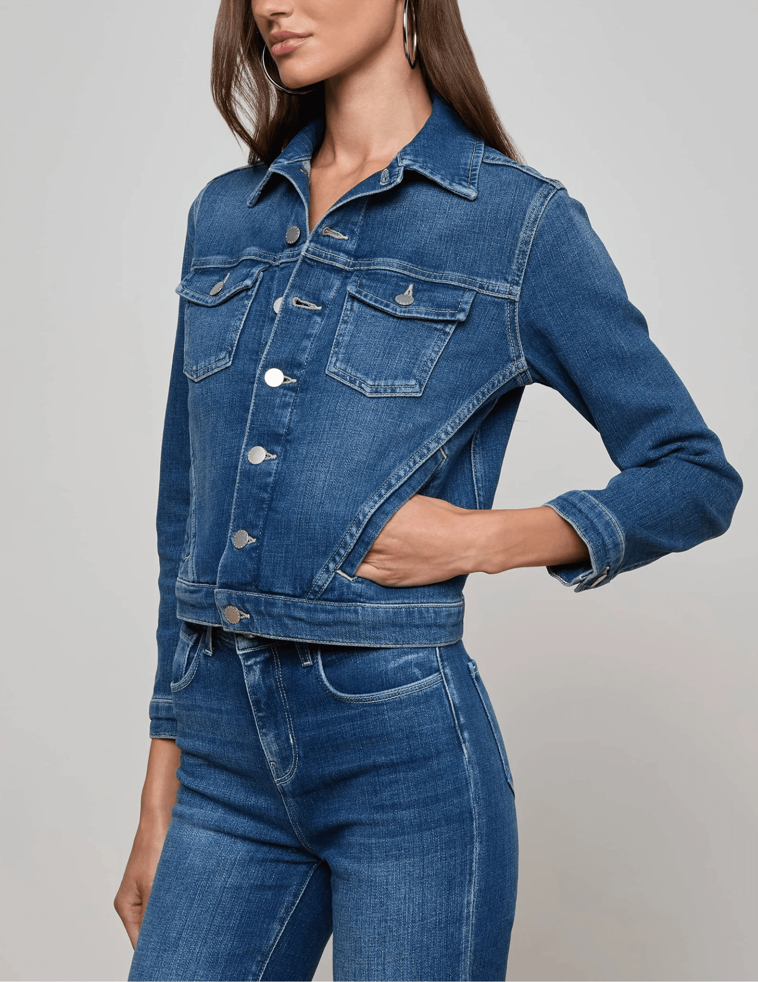 L’AGENCE Maven slim fit denim jacket in Gage blue wash side view
