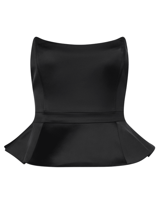 L’AGENCE Meliora Corset Peplum Top in black matte satin with a strapless structured bodice and flared peplum waist.