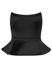 L’AGENCE Meliora Corset Peplum Top in black matte satin with a strapless structured bodice and flared peplum waist.