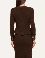 Back view of L'AGENCE Melissa Knit Flare Cardigan in Dark Brown showing its fitted silhouette and flared hem.