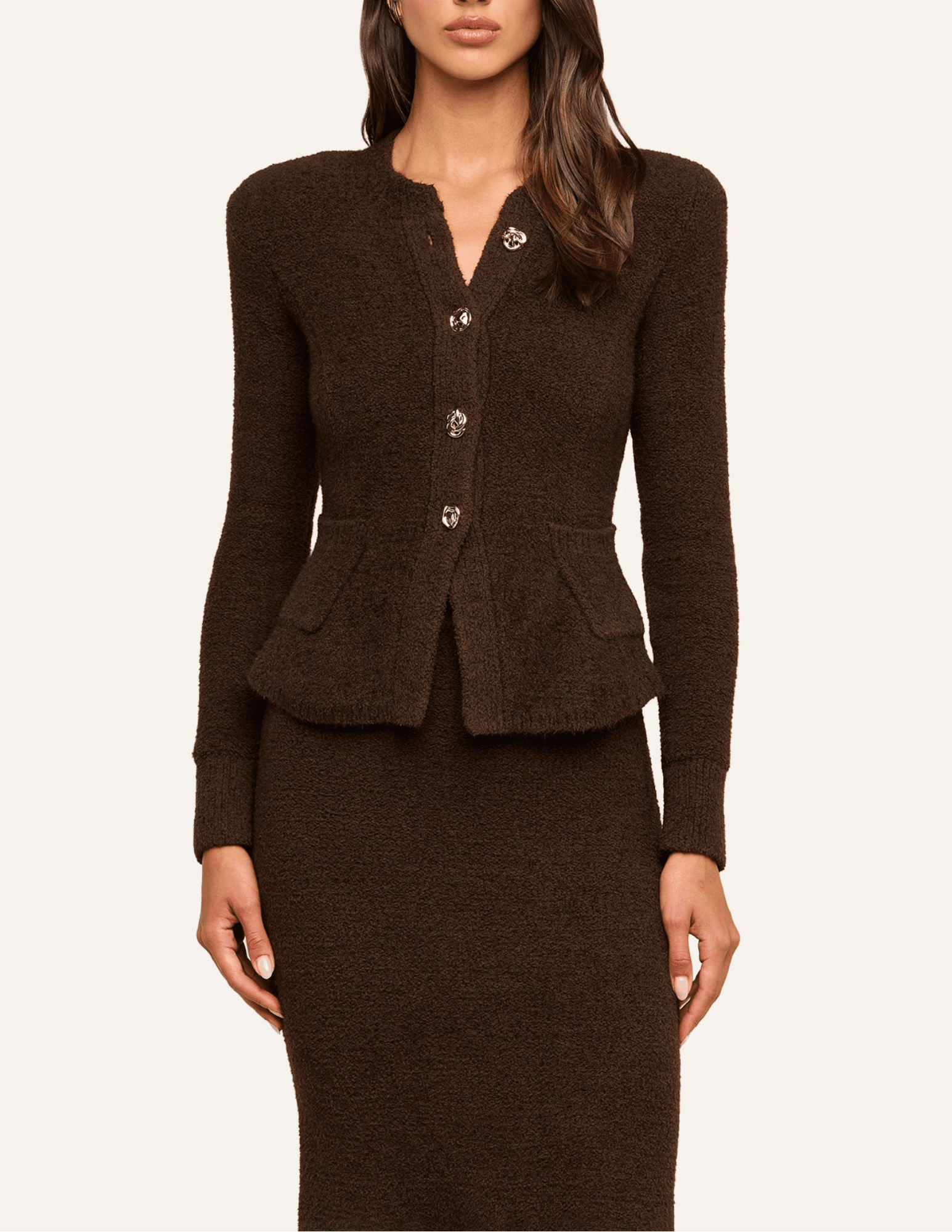 L'AGENCE Melissa Knit Flare Cardigan in Dark Brown Gold featuring a sculpted waist, flared hem and gold-tone buttons.
