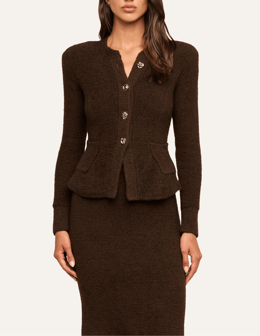 L'AGENCE Melissa Knit Flare Cardigan in Dark Brown Gold featuring a sculpted waist, flared hem and gold-tone buttons.