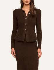 L'AGENCE Melissa Knit Flare Cardigan in Dark Brown Gold featuring a sculpted waist, flared hem and gold-tone buttons.