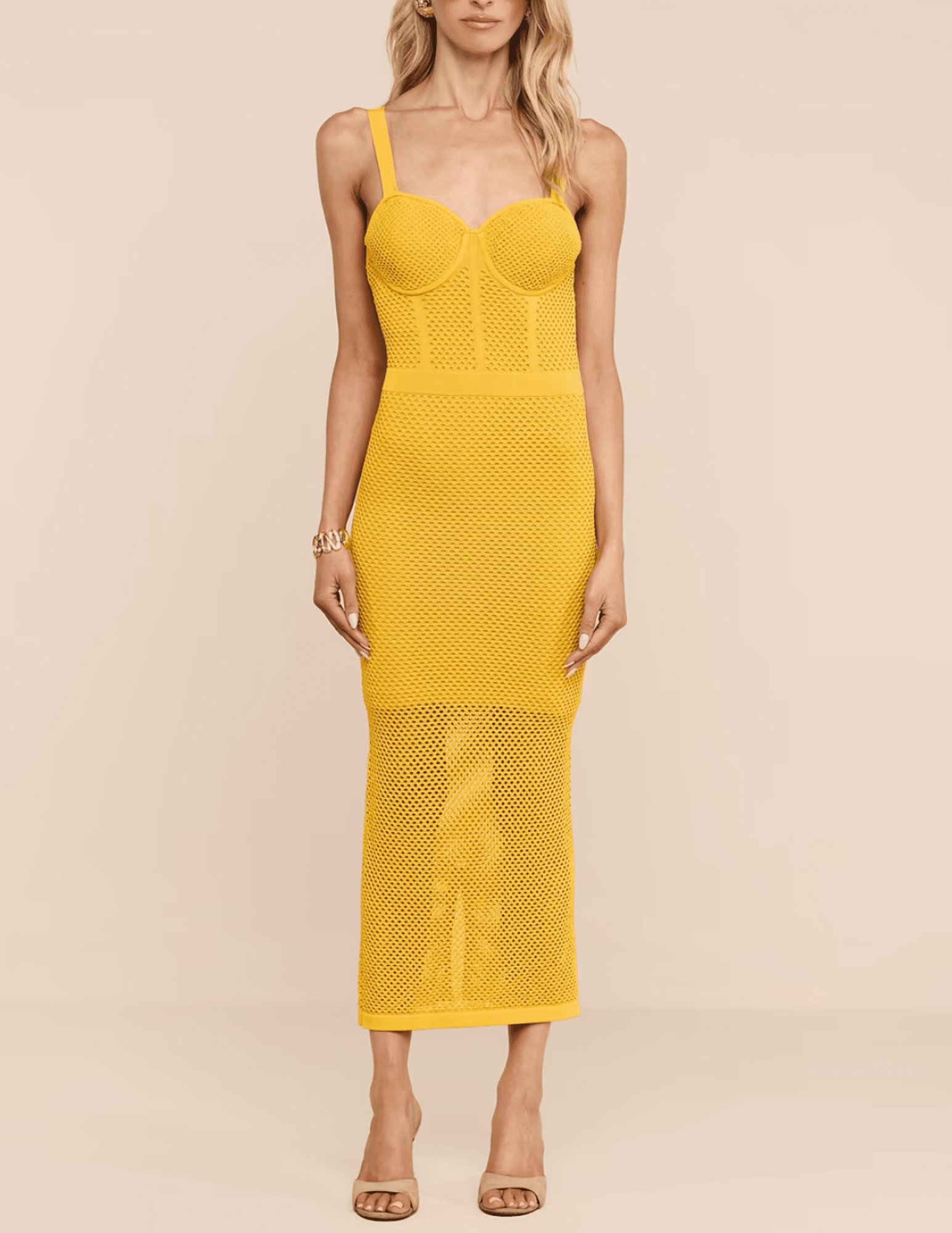 Front view of L'AGENCE Michelle knit dress in Golden Spice