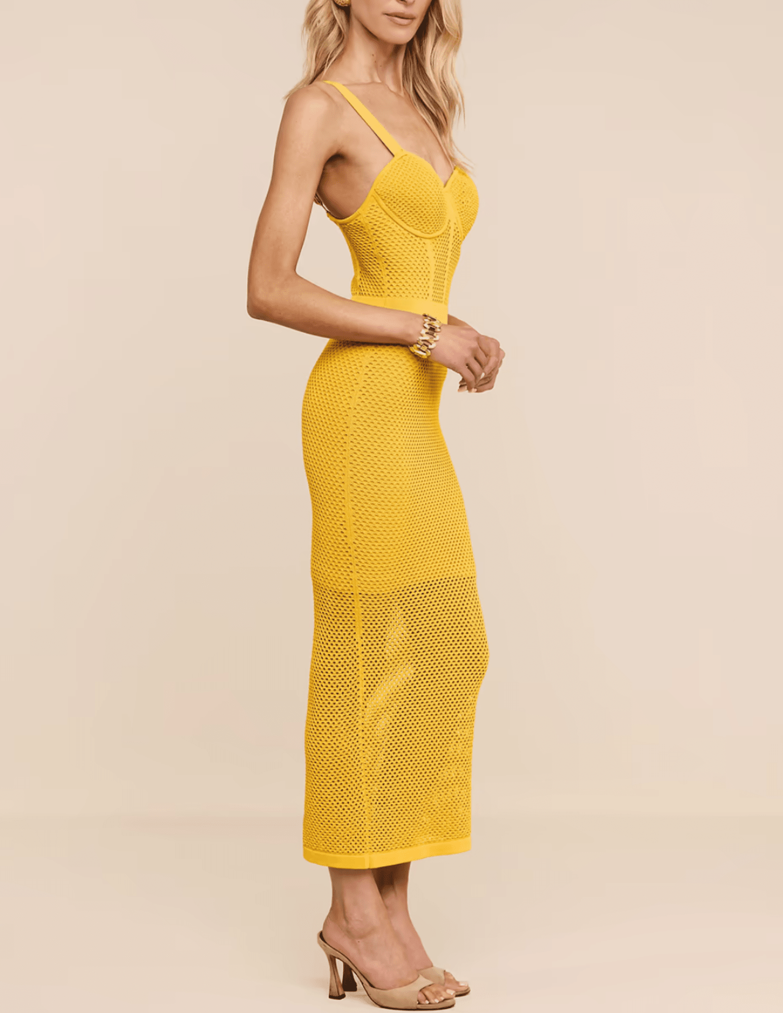 Side view of L'AGENCE Michelle knit dress in Golden Spice