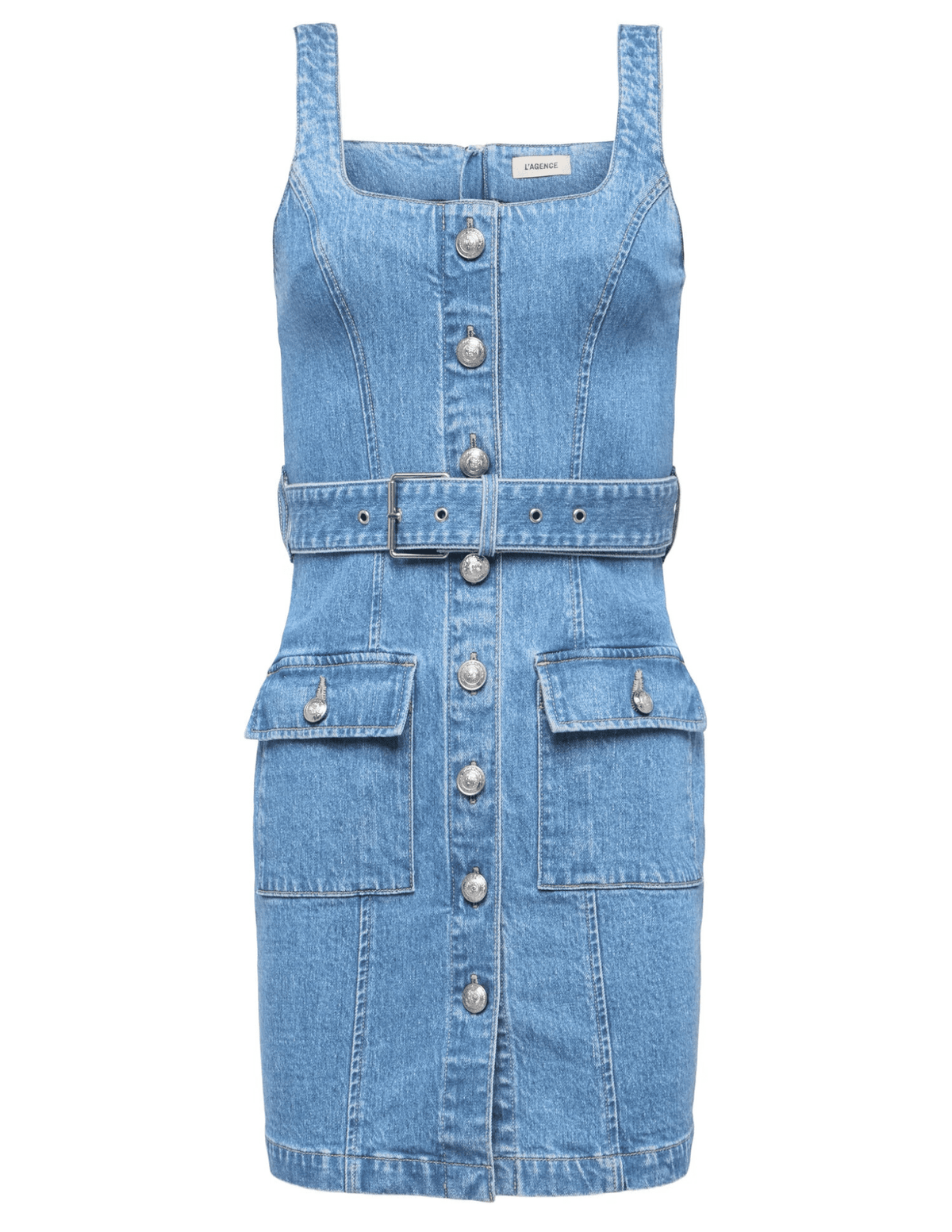 L'AGENCE Midy denim button-front mini dress in Olivera wash, chic women’s mini dress with structured fit and front button detailing and buckle belt front view
