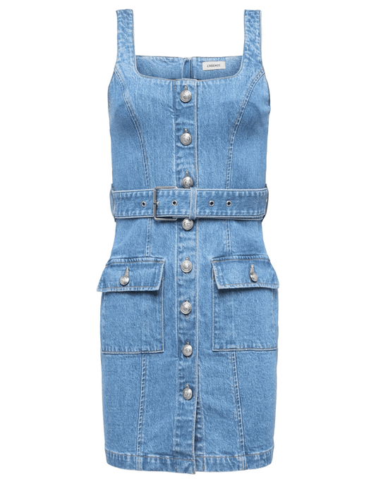 L'AGENCE Midy denim button-front mini dress in Olivera wash, chic women’s mini dress with structured fit and front button detailing and buckle belt front view
