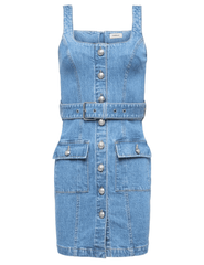 L'AGENCE Midy denim button-front mini dress in Olivera wash, chic women’s mini dress with structured fit and front button detailing and buckle belt front view
