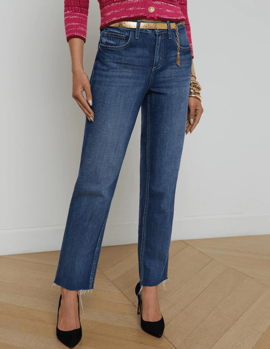 L'AGENCE Milana low-rise straight leg jeans in Arco wash, women’s classic denim with a relaxed straight leg fit and mid-blue tone front model view
