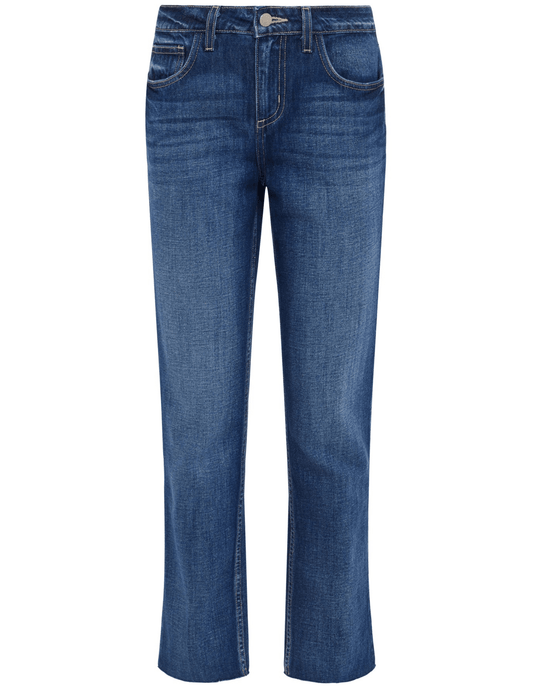 L'AGENCE Milana low-rise straight leg jeans in Arco wash, women’s classic denim with a relaxed straight leg fit and mid-blue tone front view