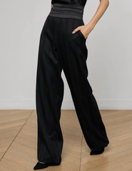 Side view of high-rise wide-leg tailored trousers in black shadow stripe by L’AGENCE