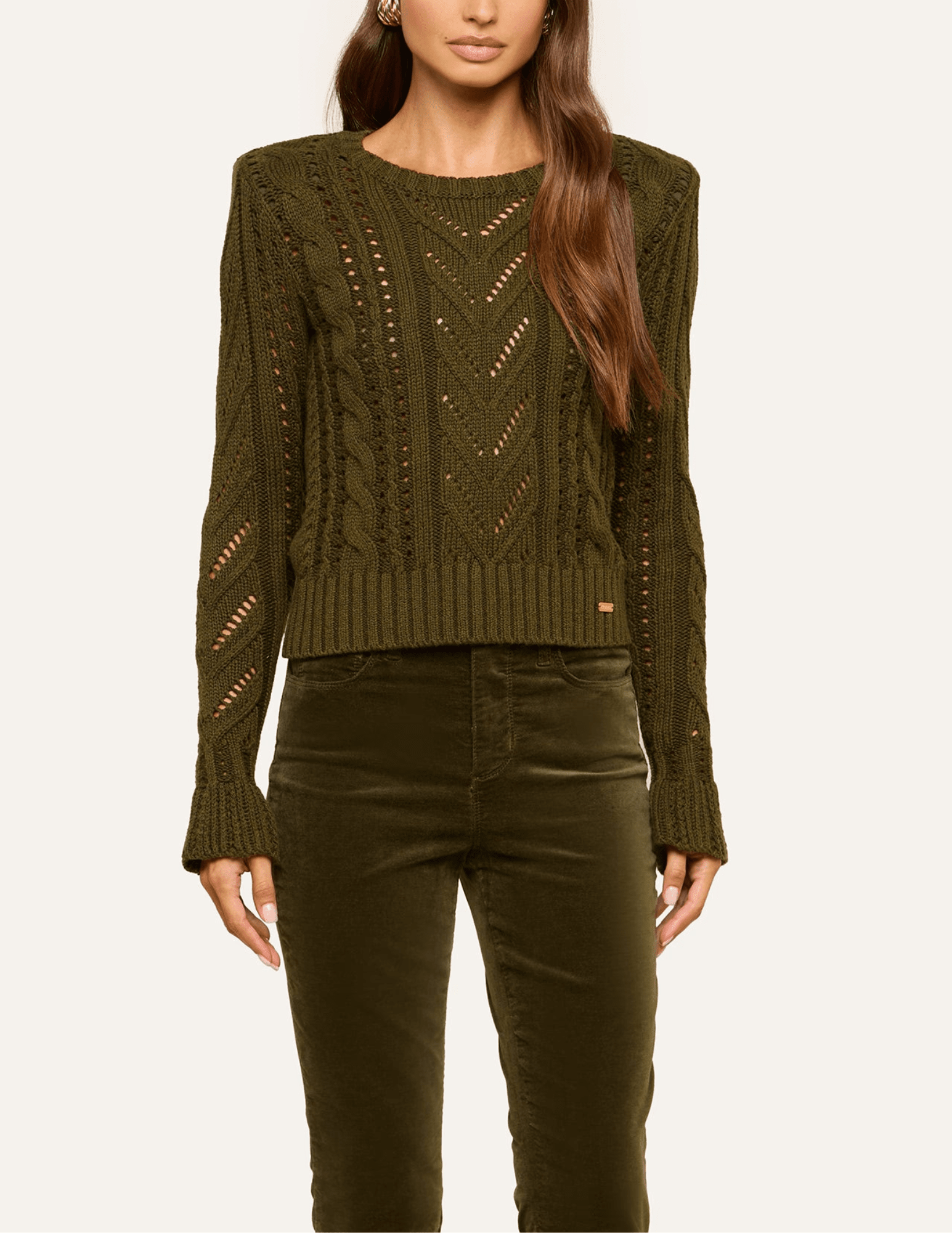 Front view of L'AGENCE Mio Cable Knit Sweater in Kalamata