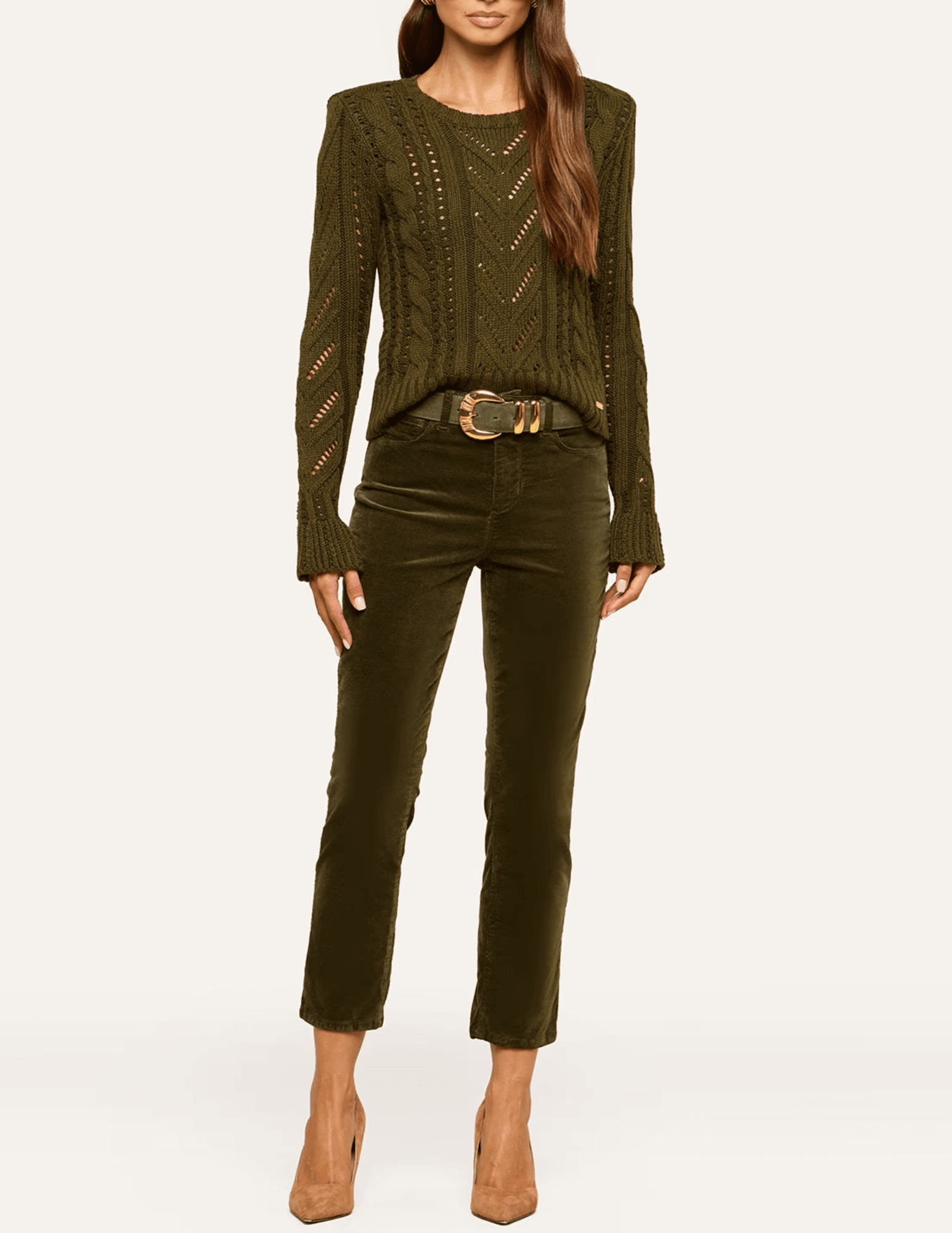 Full body view of L'AGENCE Mio Cable Knit Sweater in Kalamata
