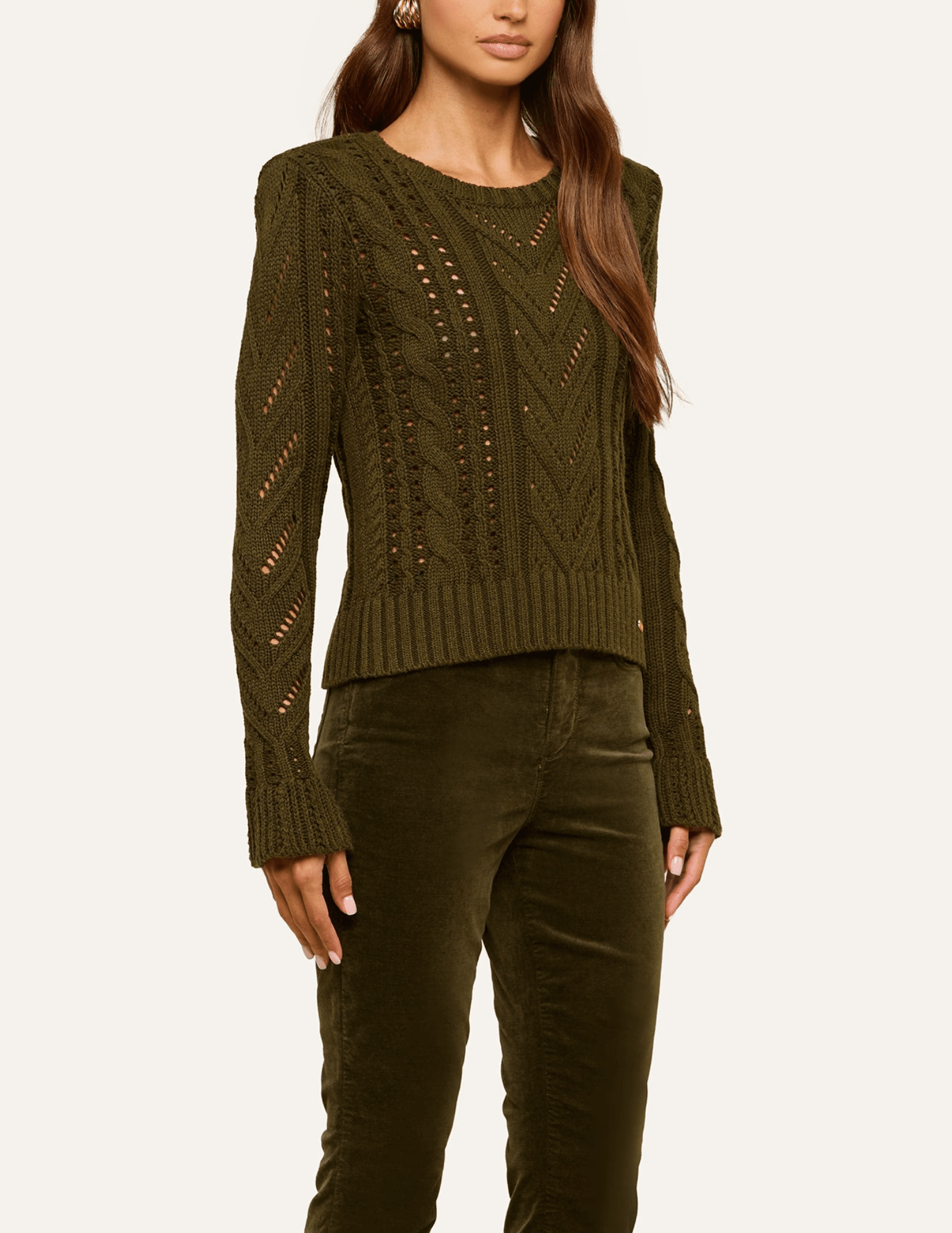 Side view of L'AGENCE Mio Cable Knit Sweater in Kalamata