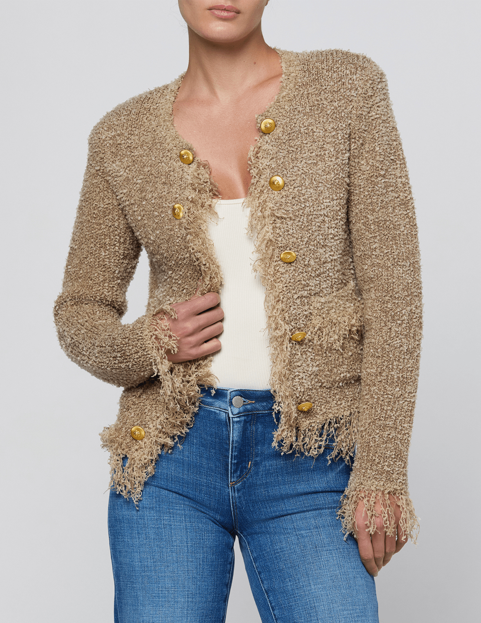 Front view of L'AGENCE Mireille Fringe Knit Cardigan Natural