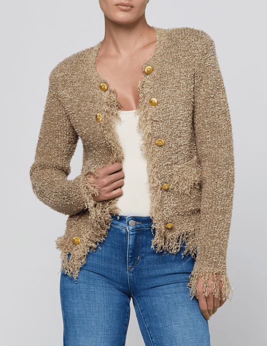 Front view of L'AGENCE Mireille Fringe Knit Cardigan Natural