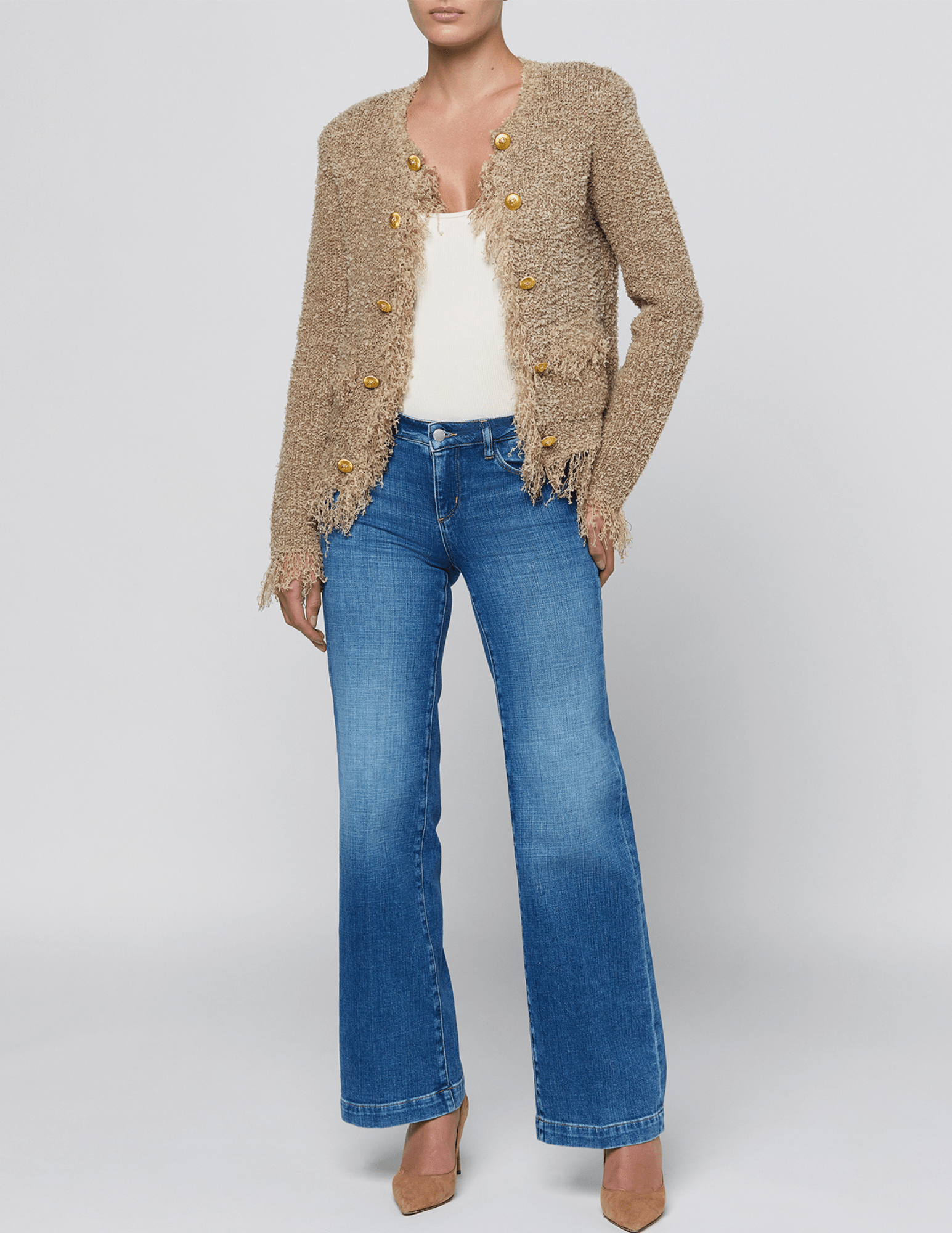 Full body view L'AGENCE Mireille Fringe Knit Cardigan Natural