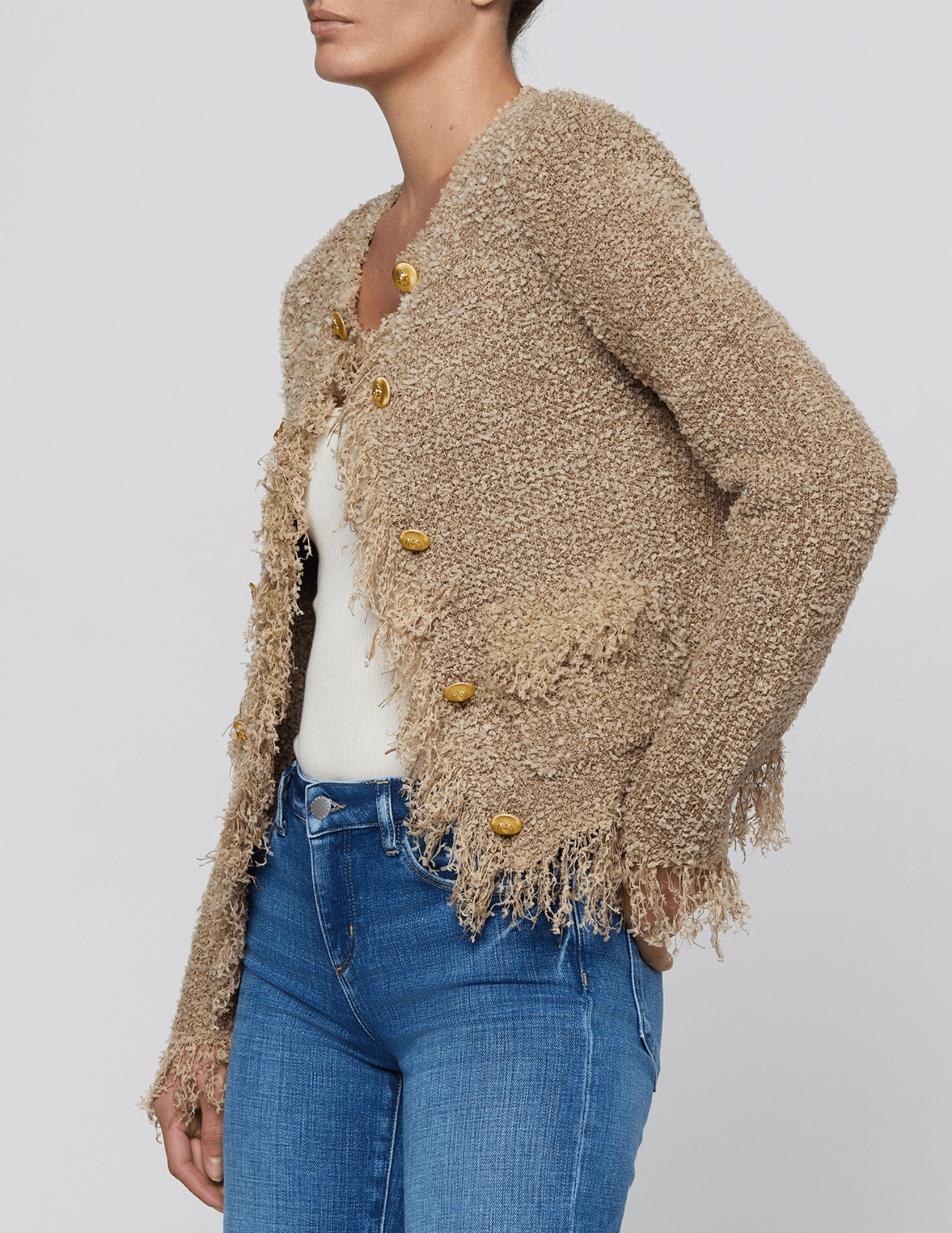 Side view of L'AGENCE Mireille Fringe Knit Cardigan Natural