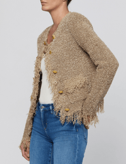 Side view of L'AGENCE Mireille Fringe Knit Cardigan Natural